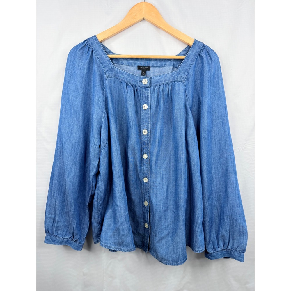 Talbots Petite XLP Lyocell Chambray Denim Button Front Peasant Blouse Top
